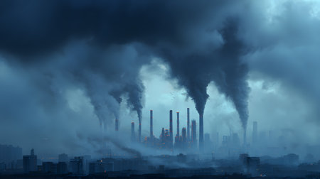 A dramatic view of a large industrial city covered in thick smoke from factory chimneys, symbolizing air pollution and the environmental impact of heavy industry.の素材