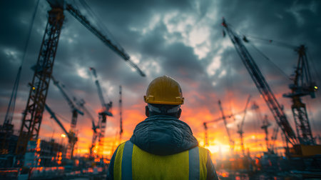 A construction engineer wearing a safety helmet and reflective vest stands at an industrial port during sunset, observing cranes against a dramatic sky filled with warm orange and red tones.の素材