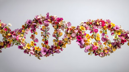 A creative representation of a DNA double helix crafted entirely from colorful flowers, symbolizing the connection between nature, genetics, and beautyの素材