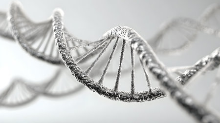A highly detailed 3D render of a DNA double helix structure with spherical molecules, isolated on a clean white background, symbolizing genetics, biotechnology, and medical researchの素材