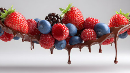 A close up of fresh strawberries, blueberries, raspberries, and blackberries drizzled with melted chocolate, creating a luxurious and delicious dessert compositionの素材