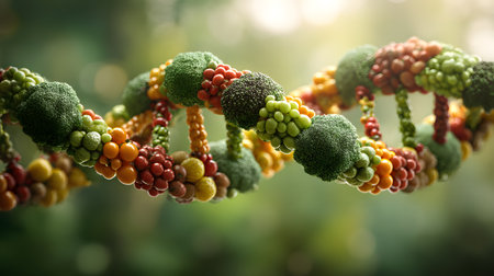 A creative 3D render of a DNA double helix made entirely of fresh vegetables including broccoli, cherry tomatoes, carrots, and Brussels sprouts, symbolizing the connection between nutrition, health, and geneticsの素材
