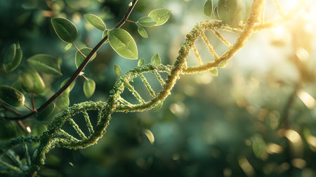 A beautiful artistic representation of a DNA double helix intertwined with green vines and leaves, symbolizing life, growth, and the natural connection between genetics and the environmentの素材