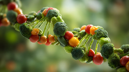 A creative 3D render of a DNA double helix made entirely of fresh vegetables including broccoli, cherry tomatoes, carrots, and Brussels sprouts, symbolizing the connection between nutrition, health, and geneticsの素材