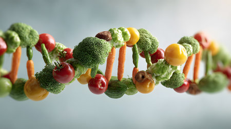 A creative DNA double helix made entirely from fresh vegetables including broccoli, carrots, cherry tomatoes, cucumbers, and yellow tomatoes, symbolizing nutrition, health, and the connection between food and geneticsの素材