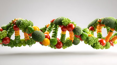 A creative DNA double helix made entirely from fresh vegetables including broccoli, carrots, cherry tomatoes, cucumbers, and yellow tomatoes, symbolizing nutrition, health, and the connection between food and geneticsの素材