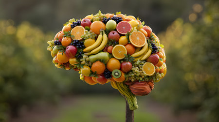 A creative 3D illustration of a human brain composed entirely of fresh fruits such as apples, bananas, oranges, kiwis, and grapes, symbolizing nutrition, vitamins, and the connection between healthy food and brain function.の素材