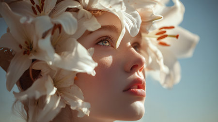 A dreamy artistic portrait of a young woman with delicate features, wearing a crown of white lilies in her hair, captured in soft natural light with a surreal and elegant atmosphere.の素材