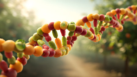 A vivid conceptual 3D artwork of an endless DNA double helix made entirely of colorful fresh fruits such as kiwi, strawberries, oranges, apples, and raspberries, symbolizing health and vitality.の素材