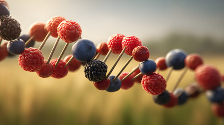 Close up of a DNA double helix creatively made from fresh berries including raspberries blueberries and blackberries arranged in a spiral structure that symbolizes genetics science health and organic nutrition.の素材
