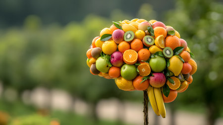 A creative 3D illustration of a human brain composed entirely of fresh fruits such as apples, bananas, oranges, kiwis, and grapes, symbolizing nutrition, vitamins, and the connection between healthy food and brain function.の素材