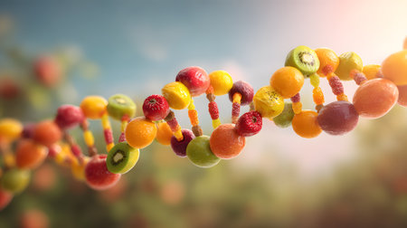A vivid conceptual 3D artwork of an endless DNA double helix made entirely of colorful fresh fruits such as kiwi, strawberries, oranges, apples, and raspberries, symbolizing health and vitality.の素材