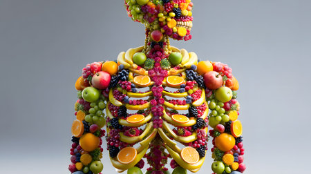 A human skeleton creatively constructed from a wide variety of fresh fruits such as apples, oranges, bananas, grapes and berries arranged to form bones and ribs, symbolizing health, nutrition and creative anatomy design.の素材