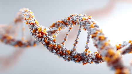 A detailed 3D render of a DNA double helix with orange and white spherical molecular elements, isolated on a clean white background, representing biotechnology, genetics, and scientific researchの素材