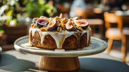 Whole rustic cake topped with fresh sliced figs, walnuts, and dripping glaze, presented on a cake stand in natural light.の素材