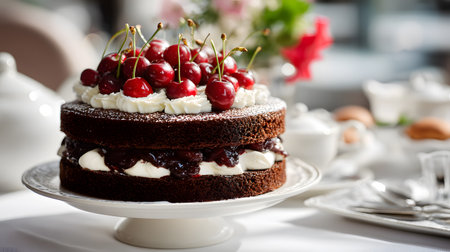 Whole chocolate layer cake decorated with whipped cream and fresh cherries on top, served on a white cake stand.の素材