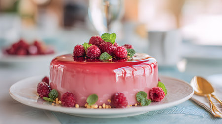 Whole mousse cake with a glossy pink mirror glaze, decorated with fresh raspberries and mint leaves on top.の素材