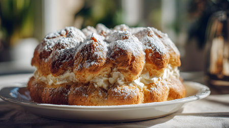 Whole Karpatka cake made with golden choux pastry peaks, filled with creamy custard and topped with powdered sugar, a traditional Polish dessert.の素材