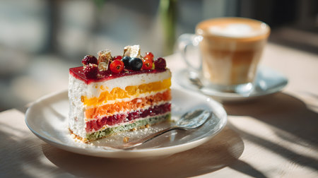 A slice of colorful jelly and cream layered cake topped with fresh berries, served on a white plate with a glass cup of latte in the background.の素材