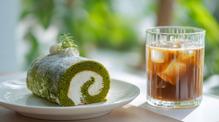 A slice of matcha roll cake with fluffy cream filling, served on a plate next to a glass of iced coffee in natural light.の素材