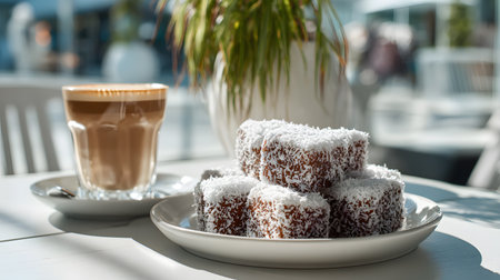 A plate of classic Australian lamingtons, soft chocolate sponge squares coated in coconut flakes, served with a glass of creamy latte coffee at an outdoor cafÃ© table.の素材