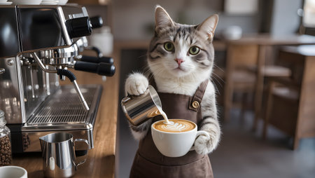 Fluffy cat in a brown apron standing at a coffee machine, serving a cappuccino with elegant latte art in a cozy modern cafe.の素材