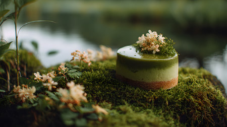 Elegant matcha cheesecake decorated with small white flowers on a ceramic plate surrounded by tea elements, symbolizing calm and natural beauty.の素材