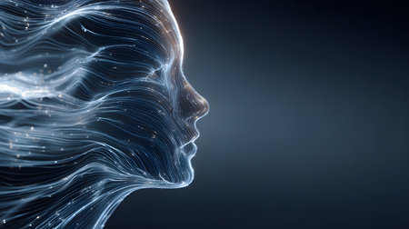 Futuristic abstract profile of a human head made of glowing lines on a dark background, symbolizing artificial intelligence and data flow.の素材