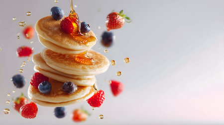 Stack of fluffy pancakes with honey and fresh berries suspended in mid-air, capturing motion, sweetness, and morning freshness.の素材