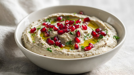 Traditional Middle Eastern mutabbal made from roasted eggplant blended with tahini, garlic, and lemon, served with olive oil and garnished with fresh pomegranate seeds. A classic mezze dish from Levantine cuisineの素材