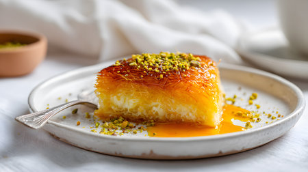 Traditional Middle Eastern knafeh pastry made with shredded phyllo and sweet cheese, soaked in fragrant syrup and garnished with crushed pistachios. A classic Arabic enjoyed dessert across the Levant and Mediterraneanの素材