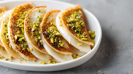 Traditional Lebanese Atayef stuffed pancakes filled with cream and topped with crushed pistachios, arranged on a white ceramic tray.の素材