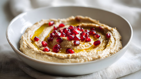 Traditional Middle Eastern mutabbal made from roasted eggplant blended with tahini, garlic, and lemon, served with olive oil and garnished with fresh pomegranate seeds. A classic mezze dish from Levantine cuisineの素材