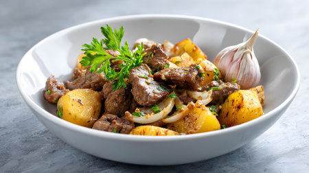 Traditional Central Asian Kuurdak - fried lamb with potatoes and onions, garnished with fresh herbs, served in a white bowl.の素材