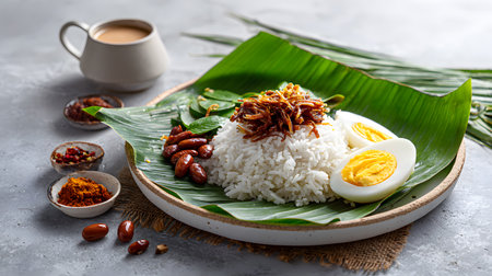 Traditional Malaysian Nasi Lemak served on a banana leaf plate with coconut rice, sambal chili paste, anchovies, peanuts, cucumber, and a soft-boiled egg, accompanied by a cup of hot coffeeの素材