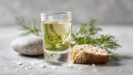 Traditional Scandinavian Akvavit, a clear spirit served in a small glass with rustic bread, salt, and fresh herbs, symbolizing Nordic culinary cultureの素材