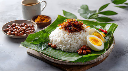 Traditional Malaysian Nasi Lemak served on a banana leaf plate with coconut rice, sambal chili paste, anchovies, peanuts, cucumber, and a soft-boiled egg, accompanied by a cup of hot coffeeの素材