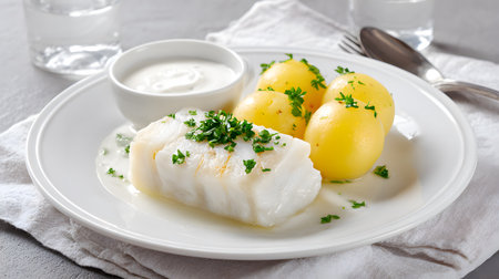 Traditional Scandinavian Lutefisk, tender cod prepared in the Nordic style, served with boiled potatoes, fresh dill, and a creamy white sauceの素材