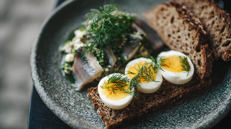 Rustic Estonian breakfast plate with rye bread, herring, and boiled eggs, photographed in cool natural daylight to capture authentic Nordic simplicity.の素材