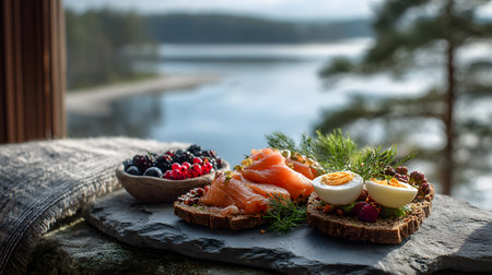 Traditional Finnish breakfast with smoked salmon, rye bread, and forest berries served on a wooden table in cozy Scandinavian style.の素材