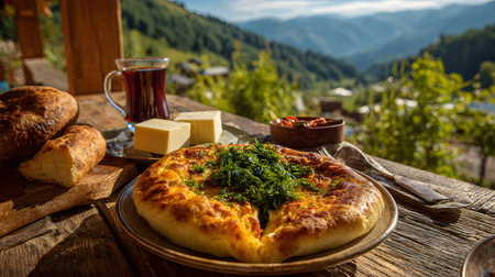 A traditional Georgian breakfast served in the mountains, featuring freshly baked khachapuri filled with sulguni cheese, local bread, herbs, and tea enjoyed in the morning sunlight.の素材