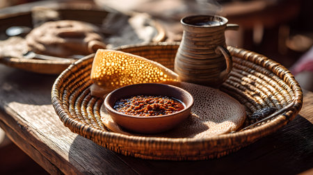 A traditional Ethiopian breakfast featuring injera bread served with spicy lentil stew and hot coffee in a handmade clay cup, presented in a woven basket under warm morning light.の素材