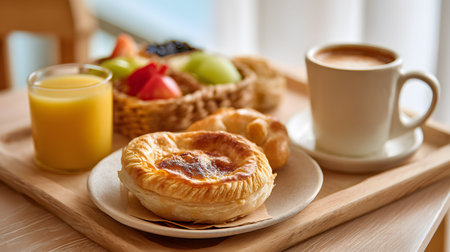 A cozy breakfast served on a wooden tray with a flaky puff pastry, a cup of coffee, a glass of orange juice, and a basket of fresh fruits, illuminated by soft morning light.の素材