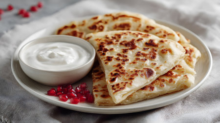 Traditional Azerbaijani Qutab flatbreads folded on a white ceramic plate, served with a bowl of yogurt and garnished with fresh pomegranate seeds.の素材
