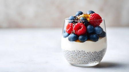 Healthy chia pudding layered with creamy yogurt and topped with fresh berries, presented on a light background with natural daylight for a clean and modern look.の素材
