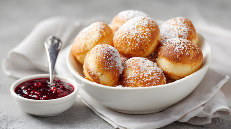 Traditional Danish Ã¦bleskiver, round fluffy pancake balls dusted with powdered sugar, served with berry jam, a classic Scandinavian festive treat.の素材