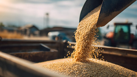 Close-up of agricultural machinery pouring freshly harvested grain into a trailer on a farm field during harvest seasonの素材