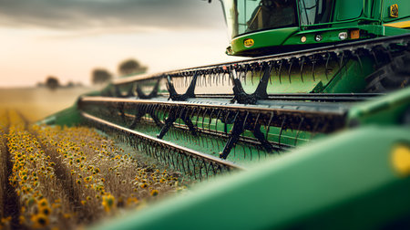 Close-up of combine harvester header cutting through a sunflower field during harvest at sunset, modern farming machinery in actionの素材
