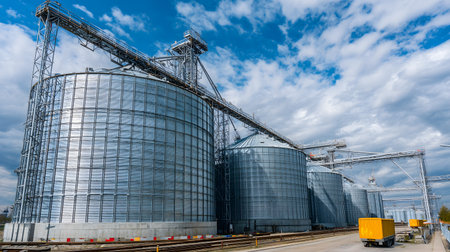 Large grain storage facility with modern metal silos and warehouses used for storing wheat, corn, and other cereals in agriculture and food industryの素材