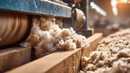 Industrial cotton processing machine separating raw cotton fibers inside a textile factory, showing the production process of cotton for the textile industryの素材